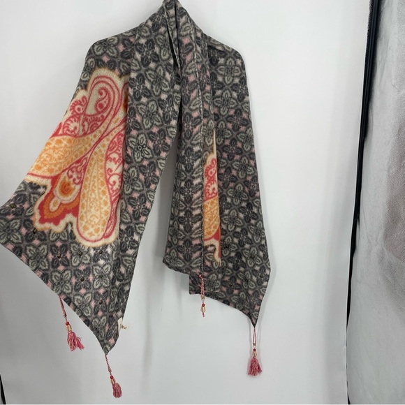 SUNDANCE CATALOG Floral Tassel Scarf 100% wool geometric gray pink orange - Picture 1 of 7